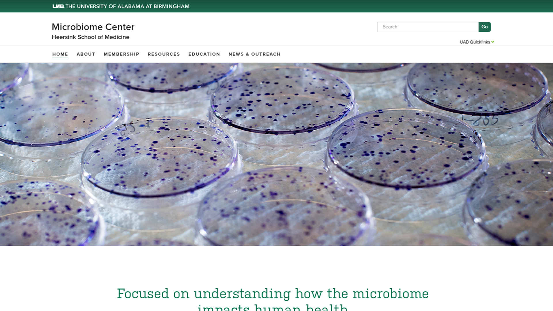 Screenshot of the front page of the UAB Microbiome Center website